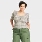 Women's Plus Size Puff Elbow Sleeve Smocked Fitted Blouse - Universal Thread Gray Plaid