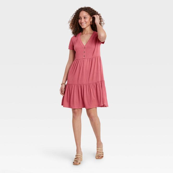 Women's Short Sleeve Button-front Knit Tiered Babydoll Dress - Knox Rose Pink