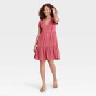 Women's Short Sleeve Button-front Knit Tiered Babydoll Dress - Knox Rose Pink