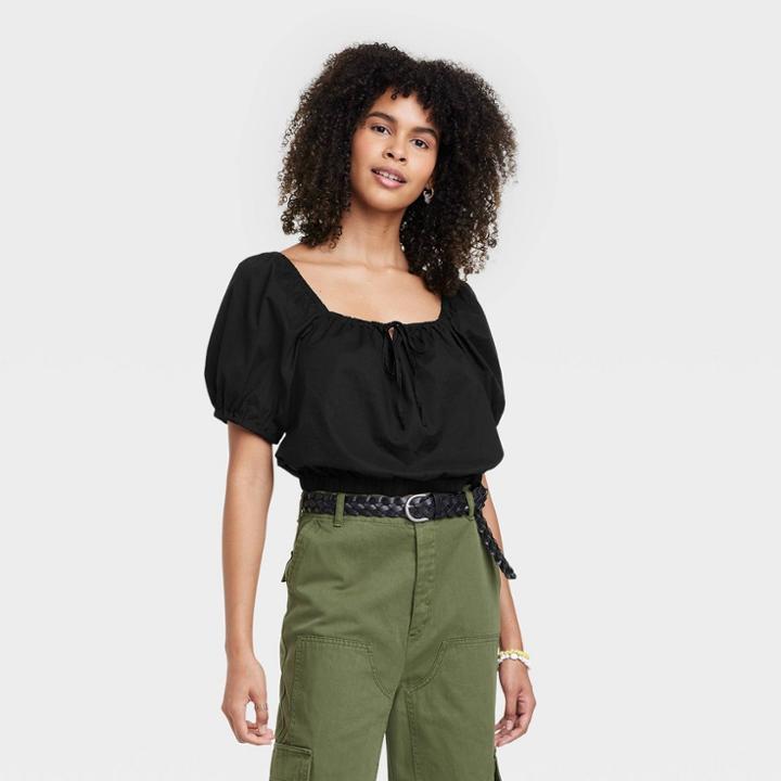 Women's Puff Short Sleeve Peasant Top - Universal Thread Black