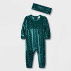 Baby Girls' Dot Velour Long Sleeve Romper - Cat & Jack Green Newborn
