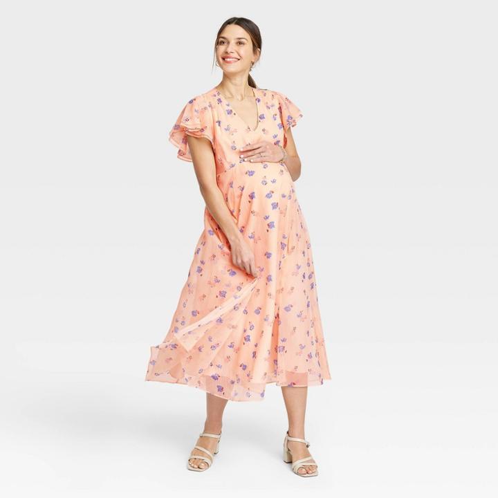 The Nines By Hatch Floral Print Flutter Short Sleeve Chiffon Maternity Dress Blush Pink