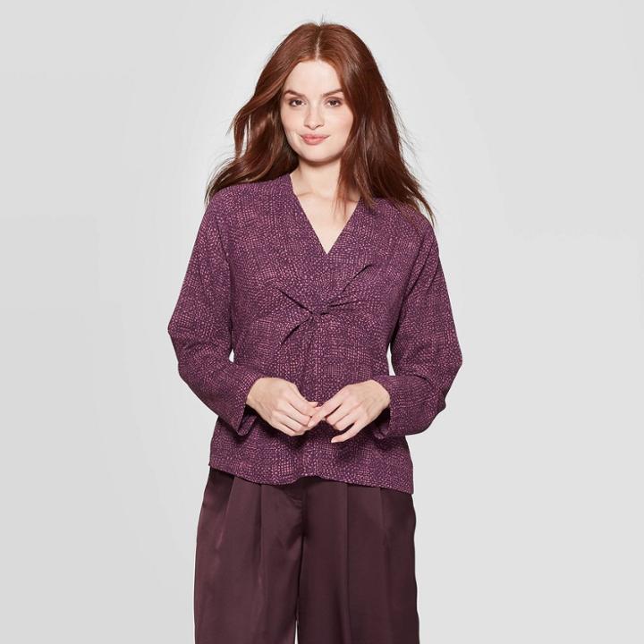 Women's Regular Fit Reglan Long Sleeve V-neck Twist Front Blouse - Prologue Purple