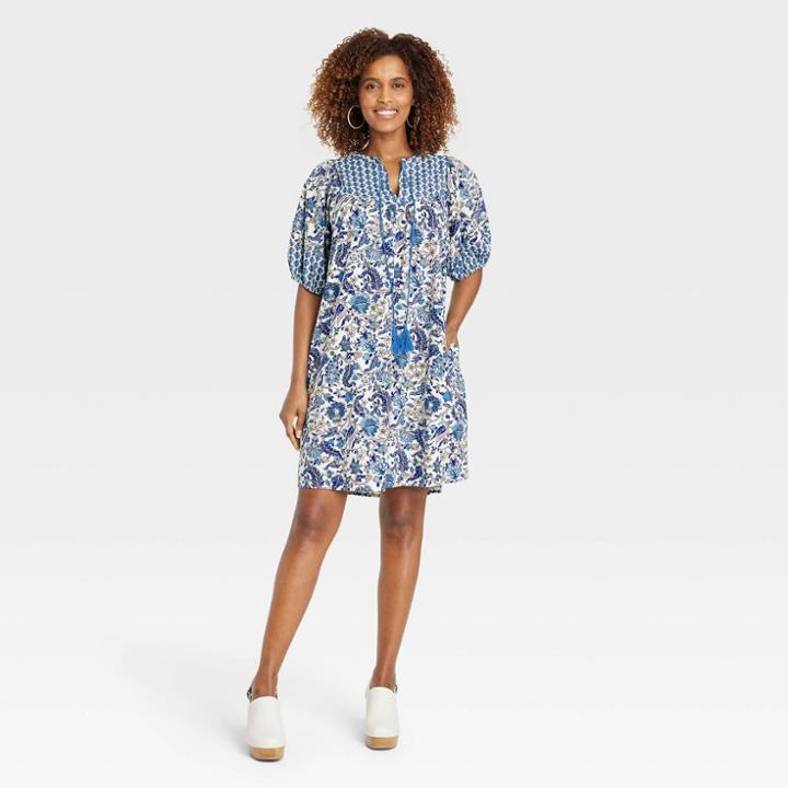 Women's Short Sleeve A-line Dress - Knox Rose Light Blue Floral