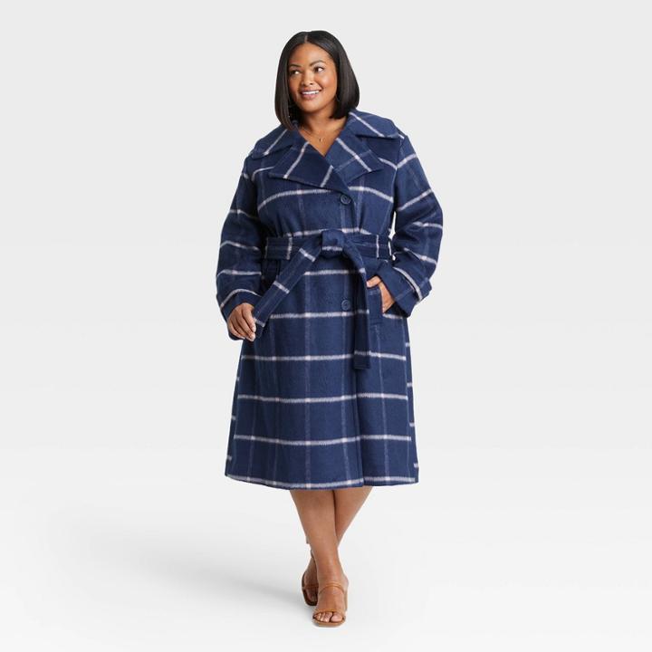 Women's Plus Size Double Breasted Coat - Ava & Viv Navy Plaid X, Blue Plaid