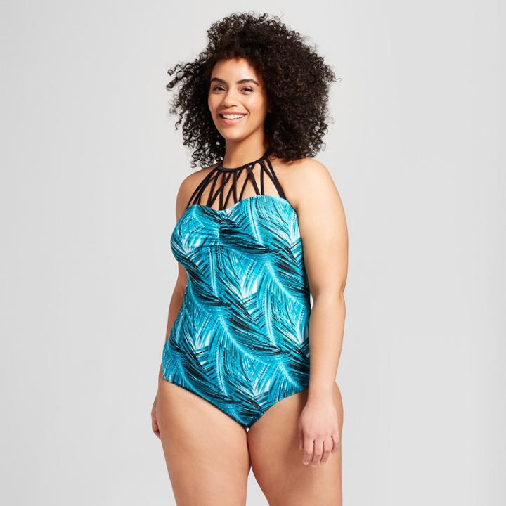 Costa Del Sol Women's Plus Size Strappy High Neck One Piece - Turquoise