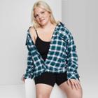 Women's Plus Size Raglan Long Sleeve Button-down Hi-low Flannel Shirt - Wild Fable Teal Blue Plaid