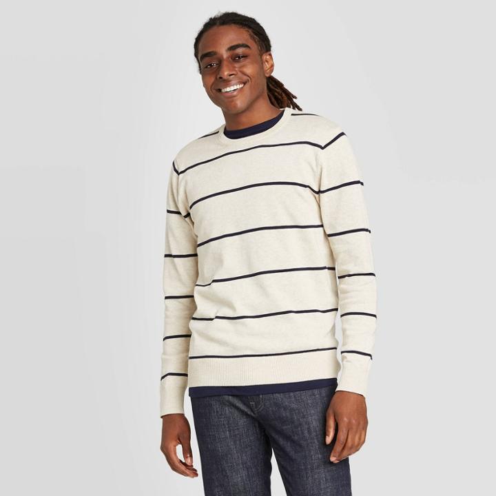 Men's Striped Regular Fit Crew Neck Sweater - Goodfellow & Co Navy