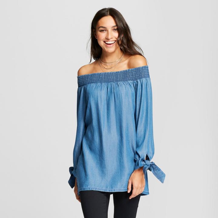 Women's Long Sleeve Off The Shoulder Tie Sleeve Blouse - Alison Andrews Blue