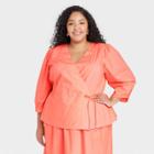Women's Plus Size Long Sleeve Wrap Top - A New Day Coral
