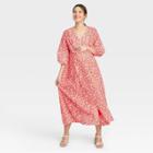 The Nines By Hatch Floral Print 3/4 Sleeve Button-front Poplin Maternity Dress Red