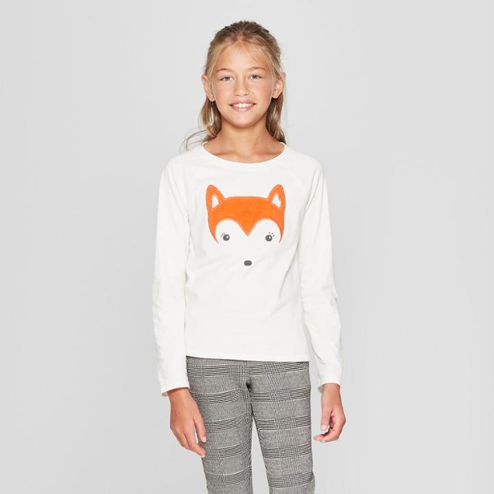 Girls' Faux Fur Fox Graphic Long Sleeve Top - Cat & Jack Cream