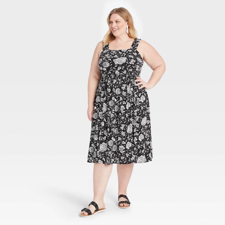 Women's Plus Size Ruffle Strap Dress - Ava & Viv Black Floral Print X