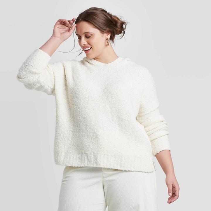 Women's Plus Size Long Sleeve V-neck Hoodie Sweater - A New Day Cream 1x, Women's, Size: