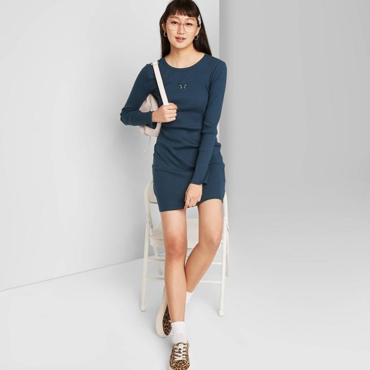 Women's Long Sleeve Bodycon Dress - Wild Fable Navy Embroidered