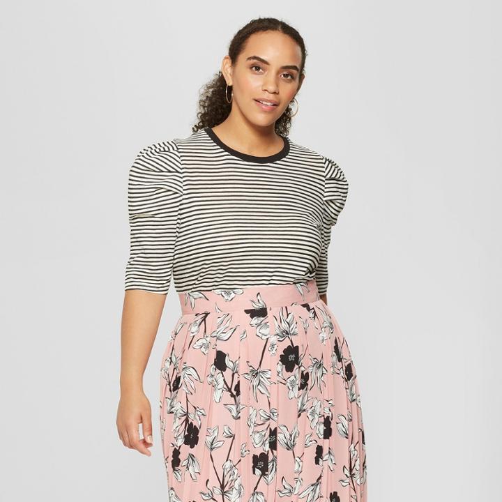 Women's Plus Size Striped Puff Sleeve Ringer T-shirt - Who What Wear Black/white 4x, Black/white