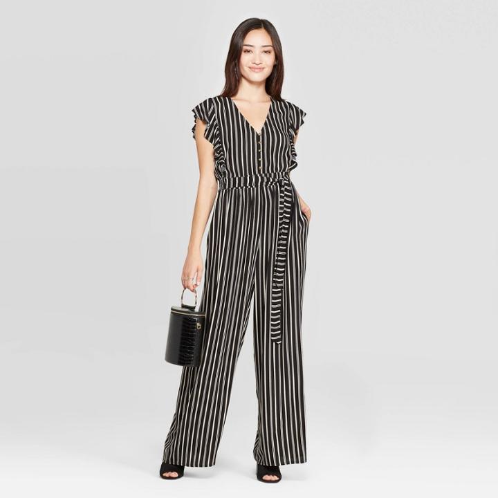 Women's Striped Short Flutter Sleeve V-neck Button Front Tie Waist Jumpsuit - Xhilaration Black