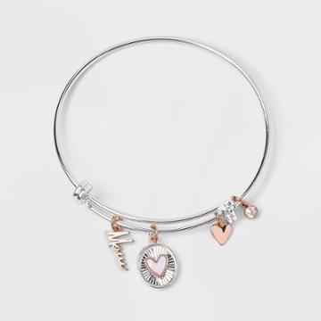 No Brand Silver Plated 'mom' Mother Of Pearl Diamond Cut Heart Bangle Bracelet