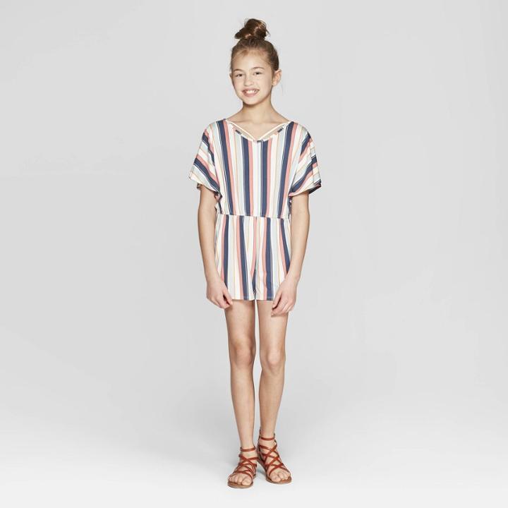 Girls' Short Sleeve Knit Strappy Romper - Art Class Blue