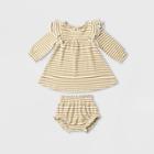 Q By Quincy Mae Baby Girls' 2pc Striped Brushed Jersey Long Sleeve Dress With Bloomer - Ivory