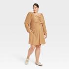 Women's Plus Size Puff Long Sleeve Ruched Front Dress - A New Day Brown