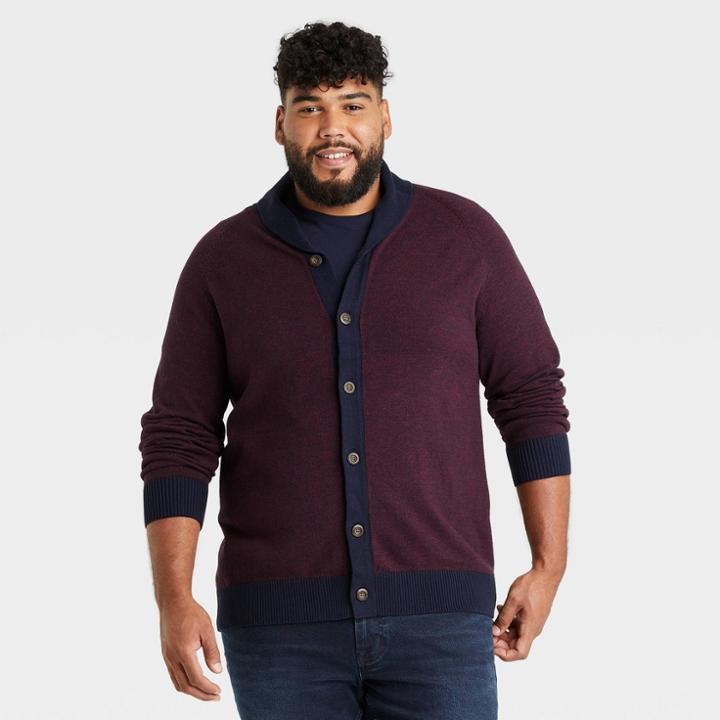 Men's Tall Colorblock Regular Fit Shawl Cardigan Sweater - Goodfellow & Co Burgundy