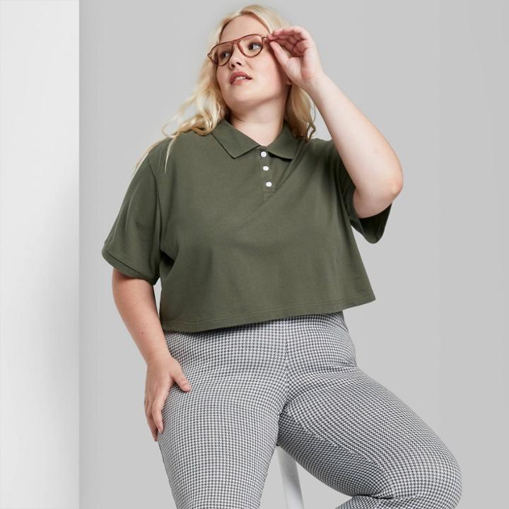 Women's Plus Size Short Sleeve Boxy Cropped Polo T-shirt - Wild Fable Olive Green