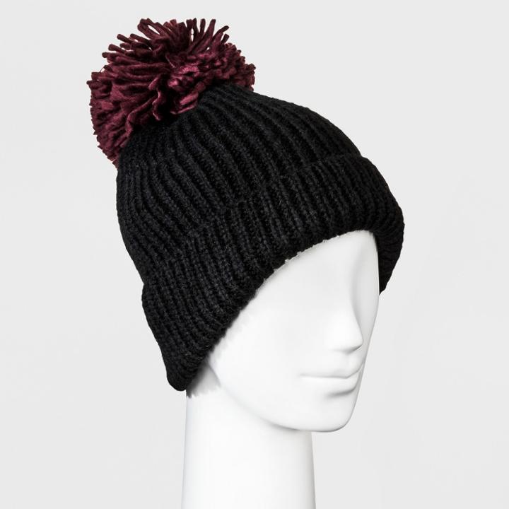 Women's Knit Beanie With Pom - Wild Fable Black