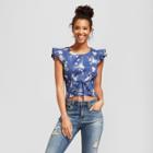 Women's Floral Corset Front Flutter Sleeve Top - 3hearts (juniors') Blue L, Blue Off-white