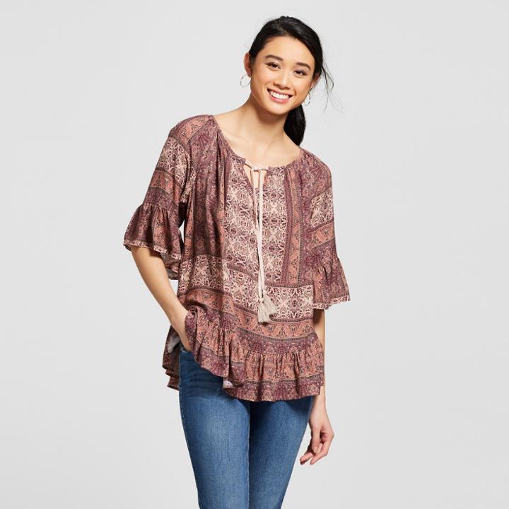 Women's 3/4 Sleeve Ruffle Sleeve Printed Peasant Top - Knox Rose Purple