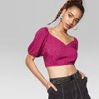 Women's Short Sleeve Puff Sleeve V-neck Cropped Polka Dot Woven Top - Wild Fable Fuchsia