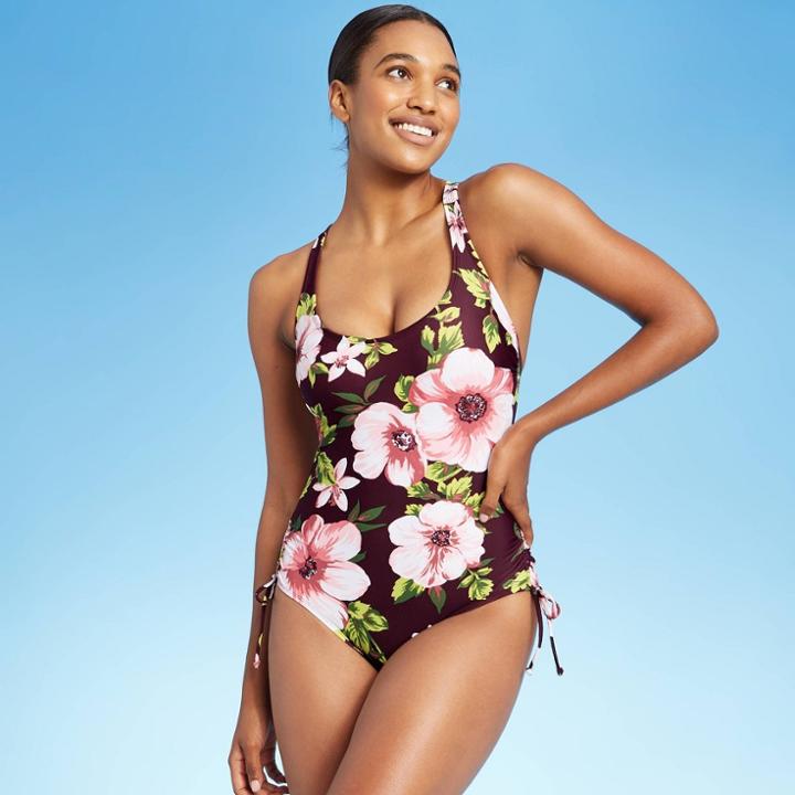 Women's Side-cinch Classic One Piece Swimsuit - Kona Sol Burgundy Floral Print