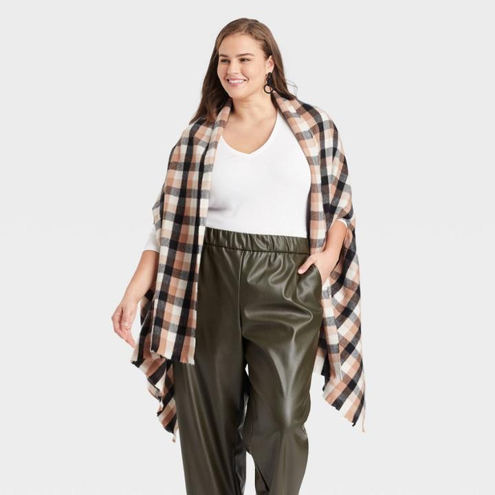 Women's Plus Size Plaid Wrap Jacket - A New Day Brown