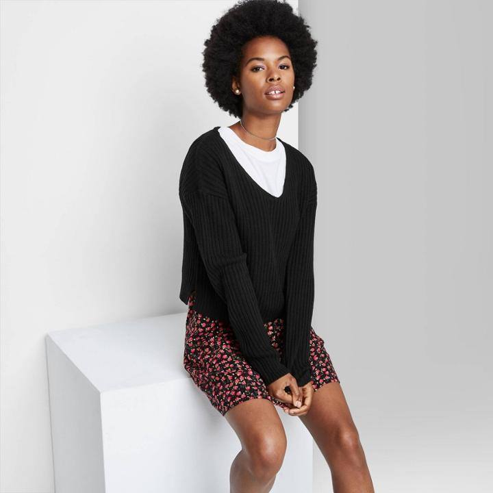 Women's V-neck Rib Knit Pullover Sweater - Wild Fable Black