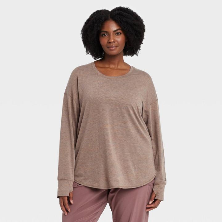 Women's Plus Size Drop Shoulder Long Sleeve T-shirt - All In Motion Green Heather