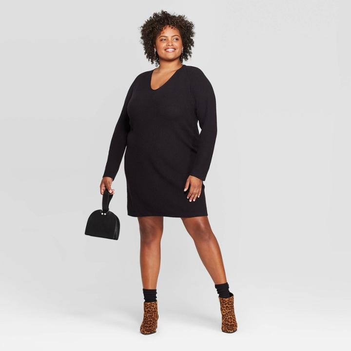 Women's Plus Size Long Sleeve V-neck Sweater Dress - A New Day Black X