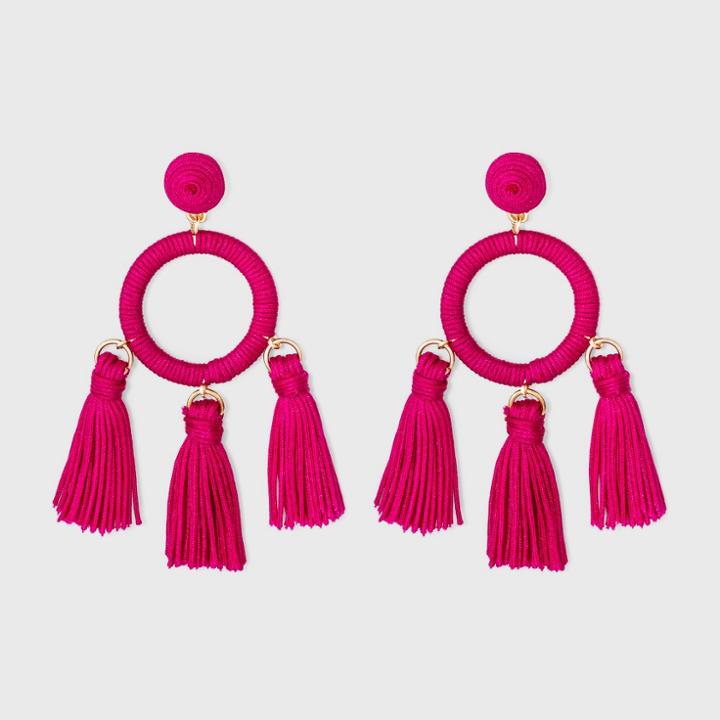 Threaded Circle Stud And Hoop With Mini Thread Tassels Drop Earrings - A New Day Fuchsia