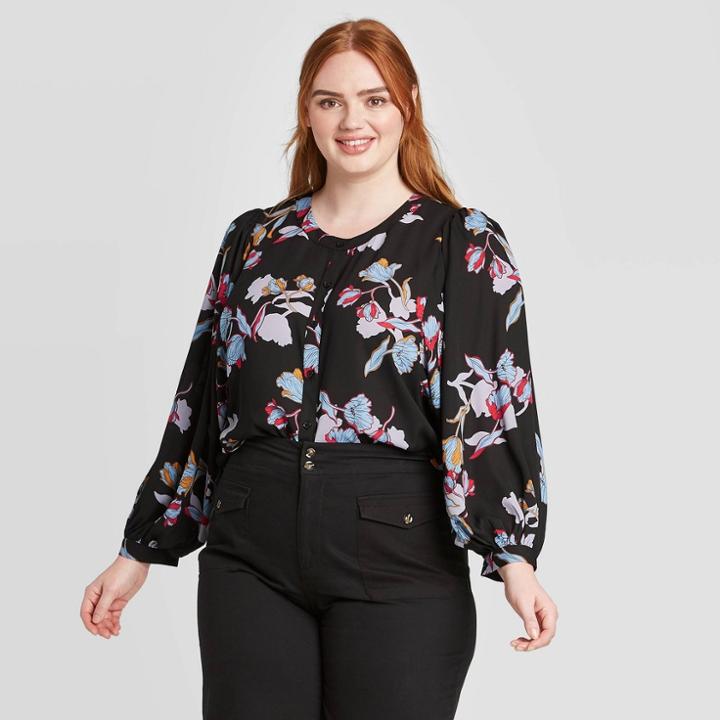 Women's Plus Size Floral Print Balloon Long Sleeve Round Neck Blouse - Who What Wear Black 2x, Women's,