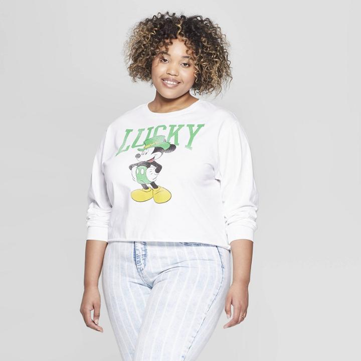 Disney Women's Plus Size Long Sleeve Lucky Mickey T-shirt (juniors') - White