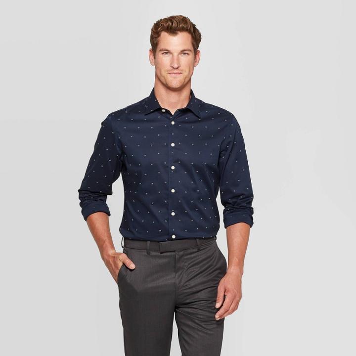 Men's Standard Fit Spacedye Design Button-down Shirt - Goodfellow & Co Navy Voyage S, Men's, Size: