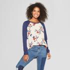Women's Floral Print Long Sleeve Woven Top With Knit - Xhilaration Navy (blue)