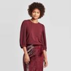 Women's Puff 3/4 Sleeve Crewneck Knit Top - A New Day Burgundy Xxl, Women's, Red