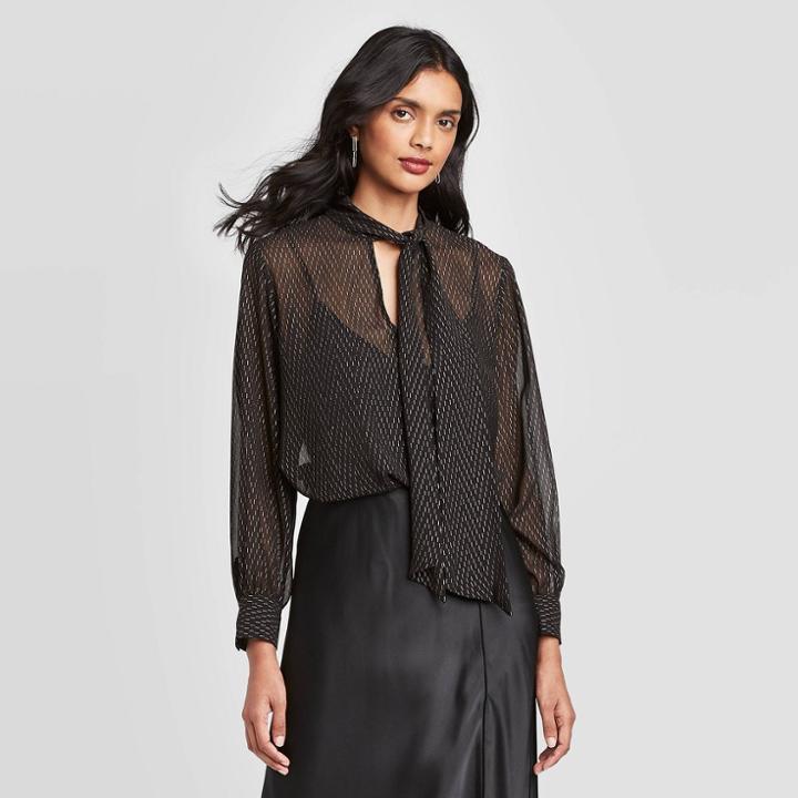 Women's Long Sleeve V-neck Front Tie Top - A New Day Gold/black Xs, Women's, Black Gold