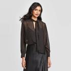 Women's Long Sleeve V-neck Front Tie Top - A New Day Gold/black Xs, Women's, Black Gold