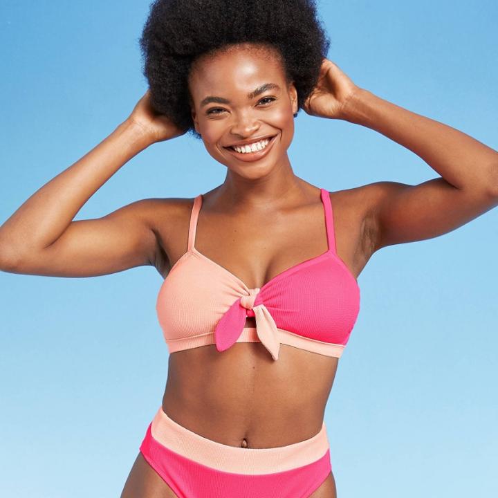 Juniors' Textured Colorblock Tie-front Bandeau Bikini Top - Xhilaration Pink D/dd Cup