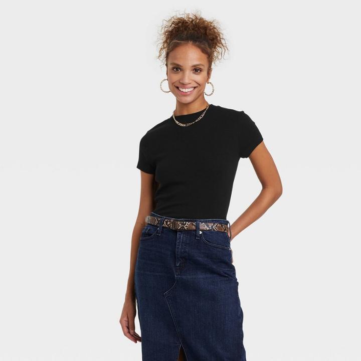 Women's Short Sleeve Ribbed T-shirt - A New Day Black