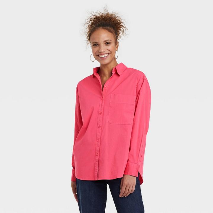 Women's Long Sleeve Oversized Button-down Boyfriend Shirt - A New Day Pink