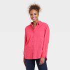 Women's Long Sleeve Oversized Button-down Boyfriend Shirt - A New Day Pink