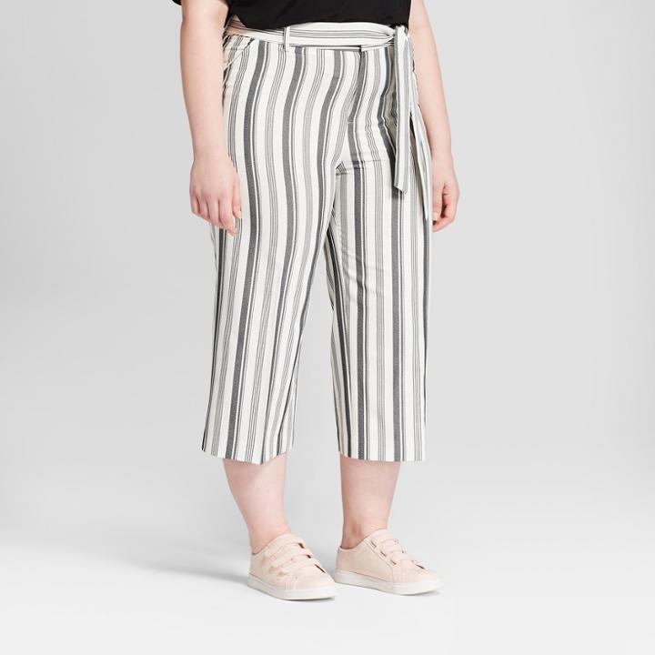 Women's Plus Size Striped Wide Leg Crop Pants - Ava & Viv Gray/white