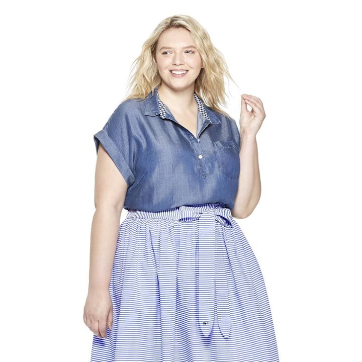 Women's Plus Size Short Sleeve Chambray Popover Shirt - Blue 2x - Vineyard Vines For Target